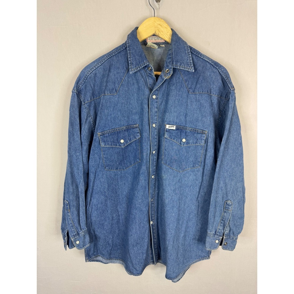 Vintage Guess 90s Jeans Georges Marciano Denim Western Snap Shirt Blue Medium 3